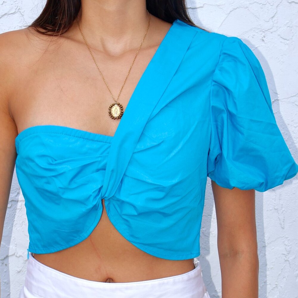 One Shoulder Puffy Sleeve Crop Top